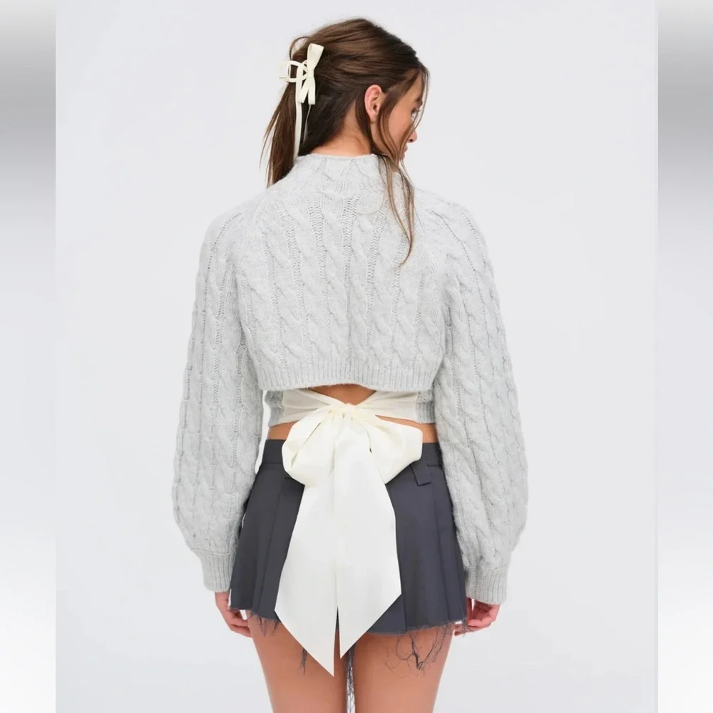 For Love and Lemons | BNWT Grey Lise Chunky Cropped Sweater w/ Ribbon Size Large - Picture 1 of 11